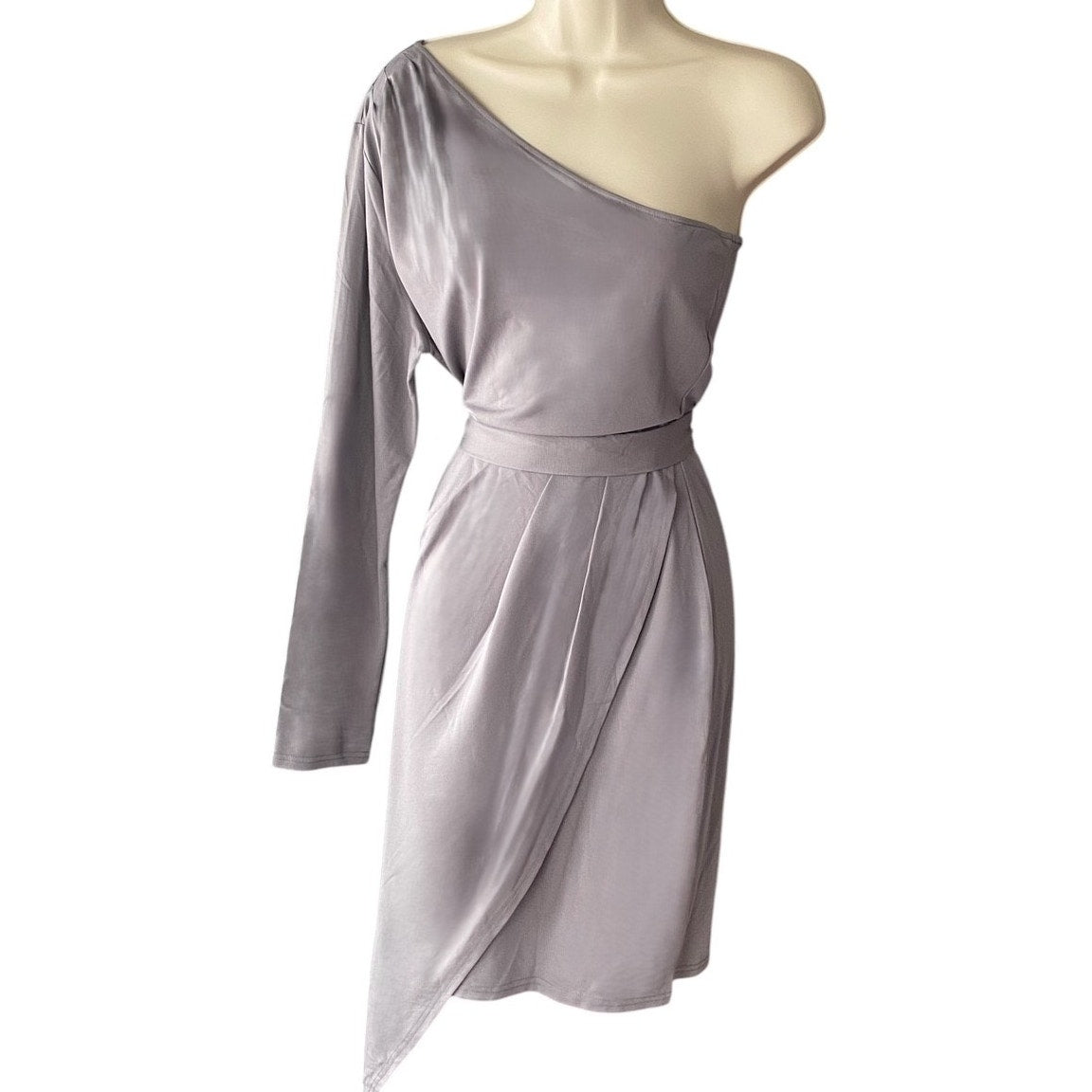 NWT ~ PRETTY GARDEN Gray 1 Shoulder Wrap Style Long Sleeve Dress ~ Women's XL