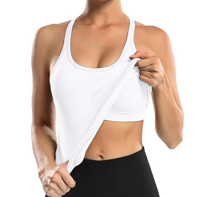 NWT ~ Women's White Ribbed Racerback Tank Top with Built In Bra ~ Ladies LARGE