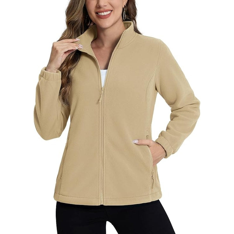 NWT ~ Women's Tan Full Zipper & Zip Pockets Fleece Jacket Top ~ MEDIUM