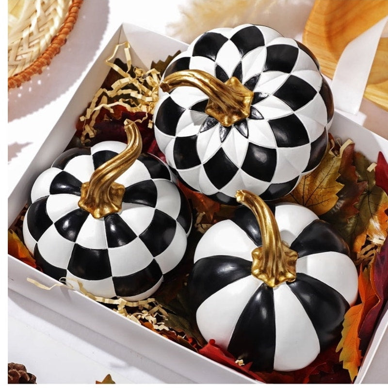BRAND NEW ~ Set/3 Halloween Black & White Resin Pumpkins Gold Autumn Stems