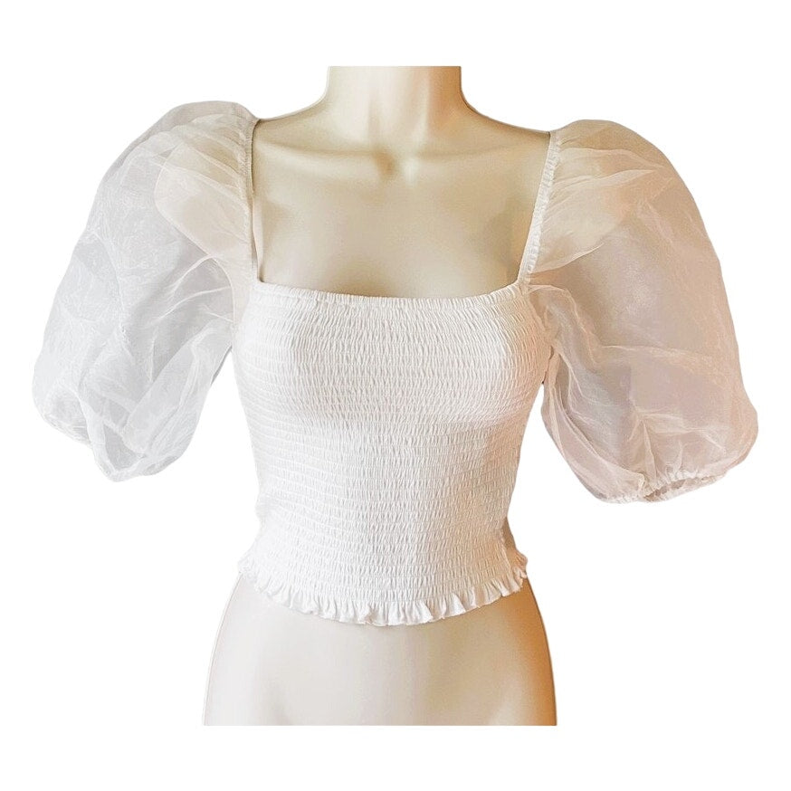 NWT ~ White Tube Top Off Shoulder Huge Clear Mesh Puffy Sleeves ~ Women's SMALL