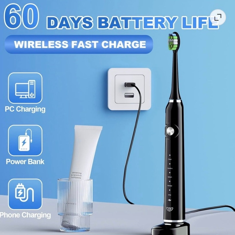 BRAND NEW ~ Black Electric Rechargeable Power Wireless Toothbrush & Travel Case
