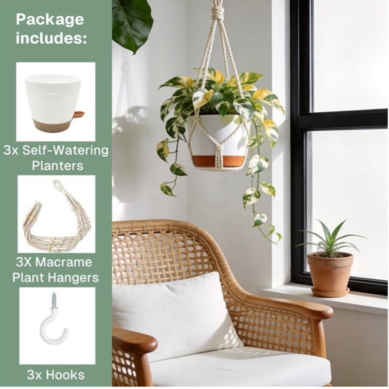 BRAND NEW ~ Set/3 White Hanging Planters & Cotton Rope Pot Hangers & Hooks