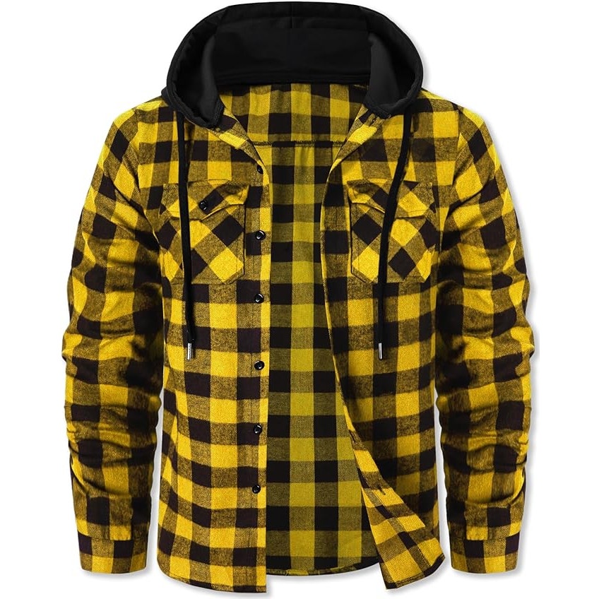 NWT ~ Men's Yellow & Black Cotton Flannel Long Sleeve Hoodie Button Shirt ~ 2XL