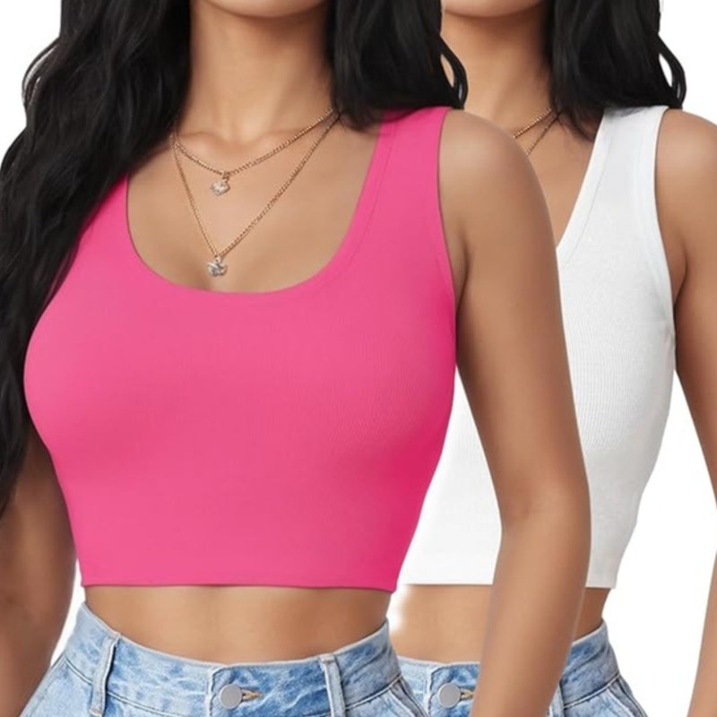 NWT ~ Set/2 Crop Sleeveless White & Bright Pink Cotton Tank Tops ~ Women's XL