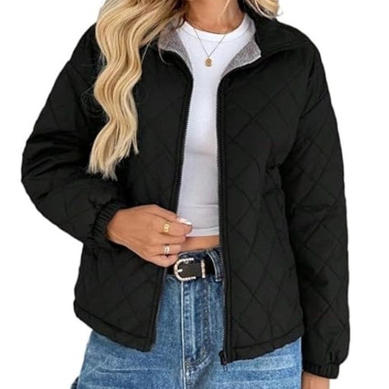 NWT ~ Women's Short Black Quilted Gray Fur Sherpa Lined Jacket Coat Plus Size 2X