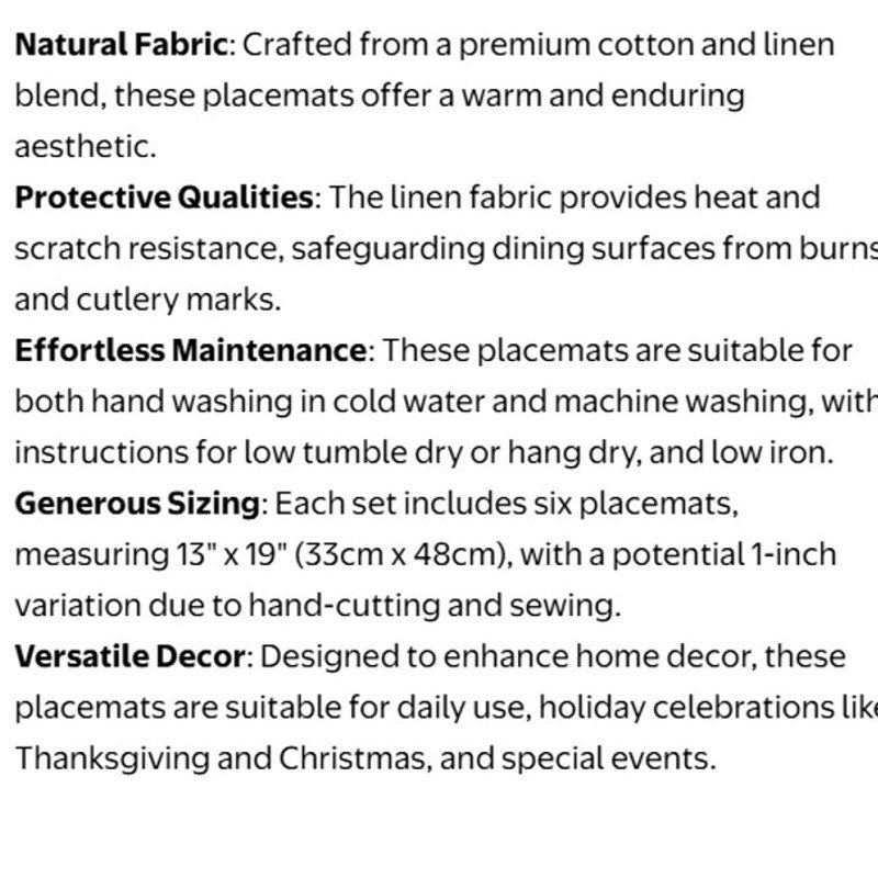 NWT ~ Set/6 Natural Linen Modern Farmhouse Dining Table Placemats ~ 13" x 19"
