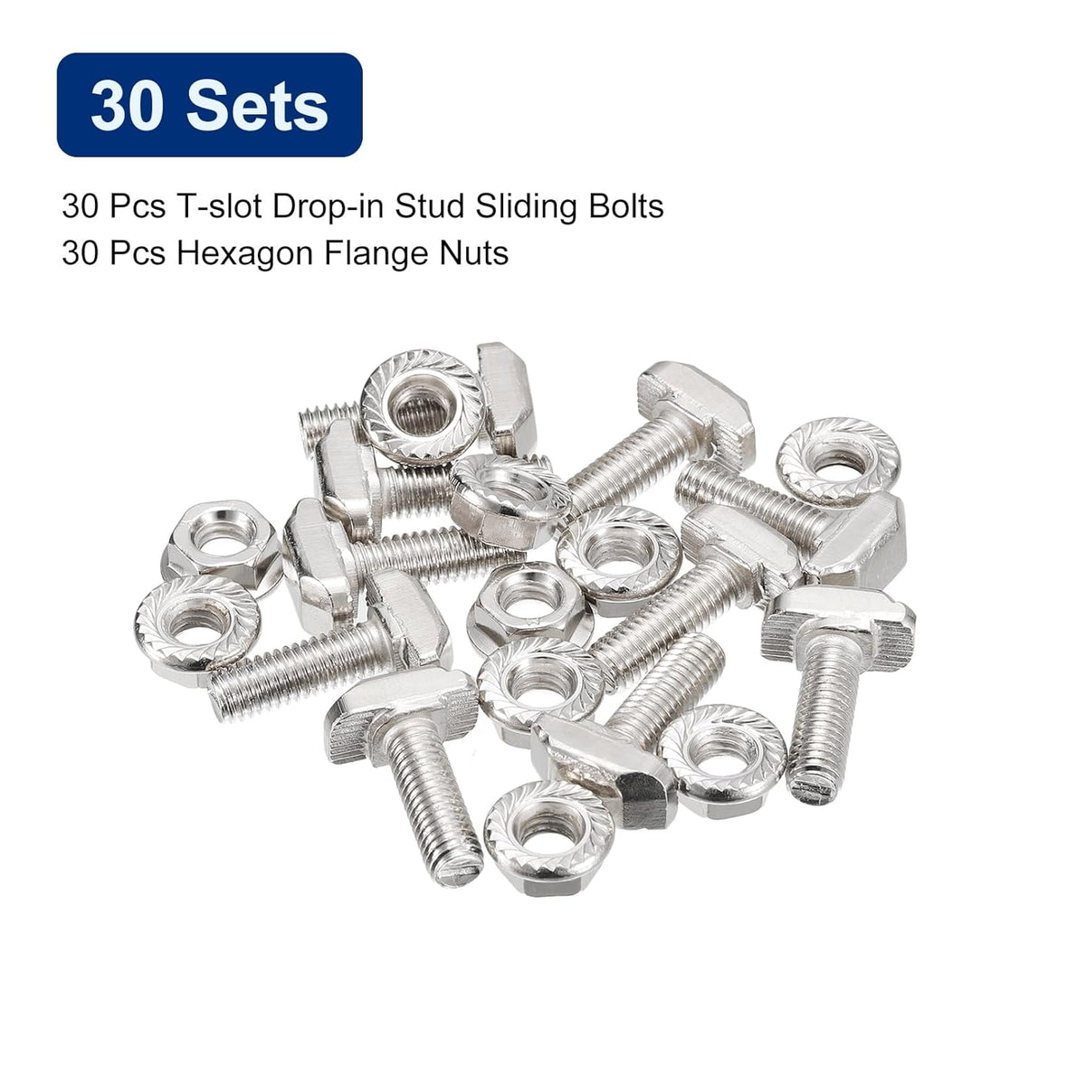 NWT ~ Set/30 M6x20mm T Slot Drop-in Bolt and M6 Hexagon Flange Nut Sets