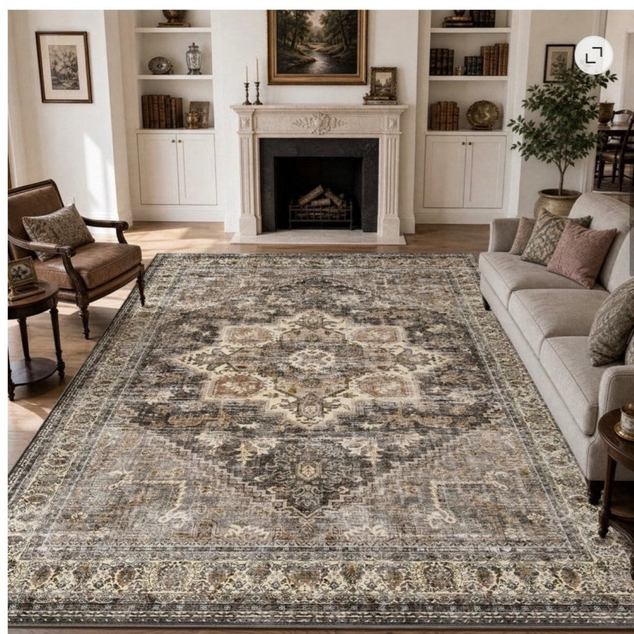 BRAND NEW ~ Brown 8'x10' Area Rug Retro Boho Floral Distressed Indoor Carpet