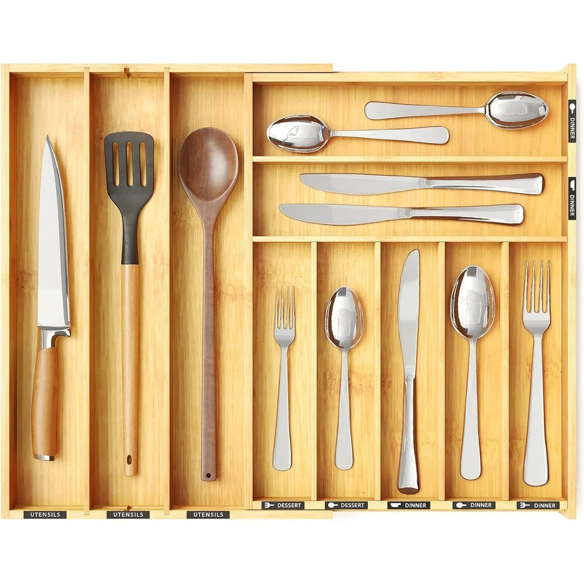 BRAND NEW ~ Expandable 10 Slots Bamboo Silverware Drawer Organizer & Labels