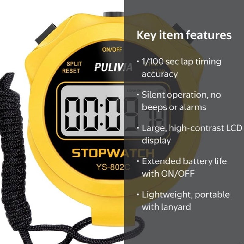 BRAND NEW ~ Yellow Large Display Silent Digital Stopwatch Timer Battery Included