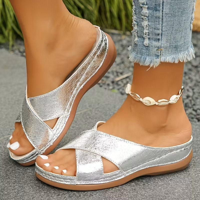 NWT ~ Women's Metallic Silver Slides Summer Sandals Beach Shoes ~ 8 1/2
