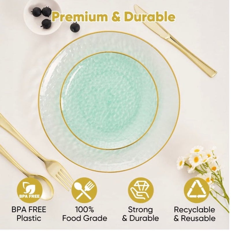 BRAND NEW ~ Set/197 Clear Green Hammered Plastic Plates with Gold Rim ~ 7" & 10"