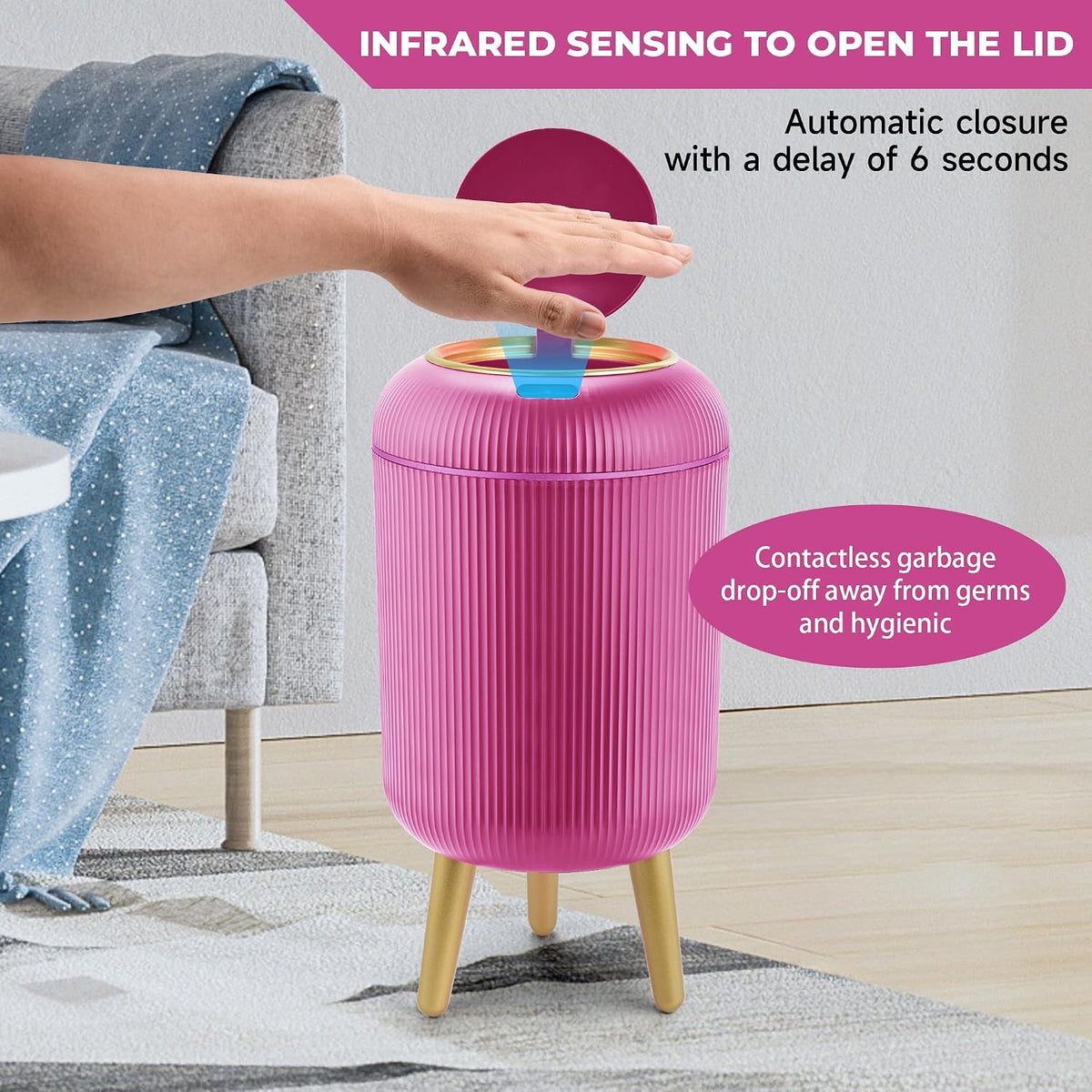 BRAND NEW ~ Bright Pink Smart Sensor Bathroom Wastebasket Small Trash Can