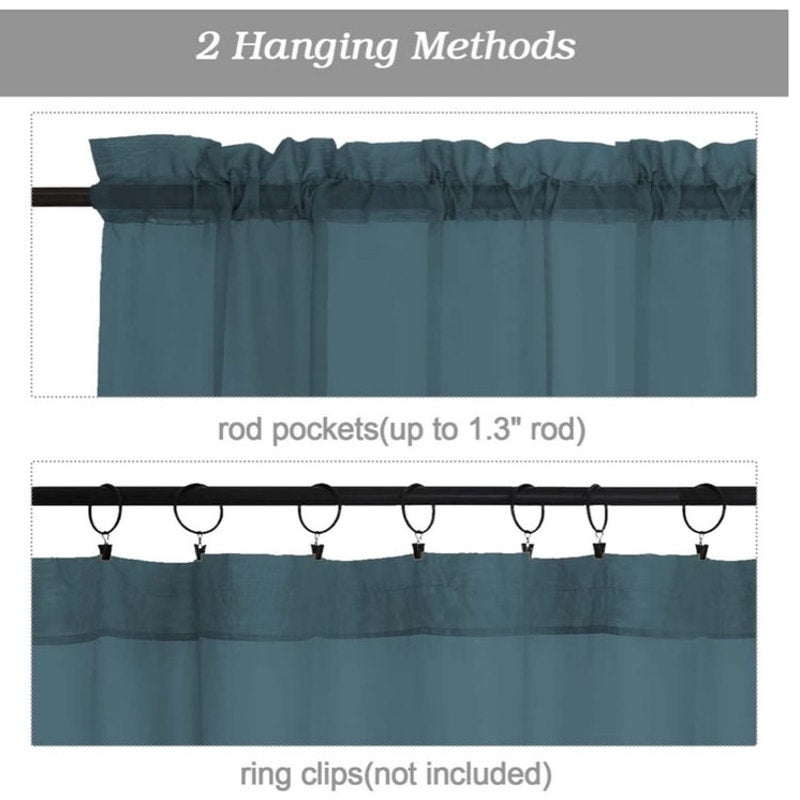 BRAND NEW ~ Set/2 Dusty Blue Sheer Curtain Valances with Rod Pockets ~ 42W x 14L