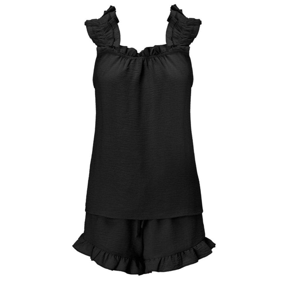 NWT ~ Women's Black Summer 2 Piece Ruffle Tank Top & Shorts Pajamas Set ~ MEDIUM