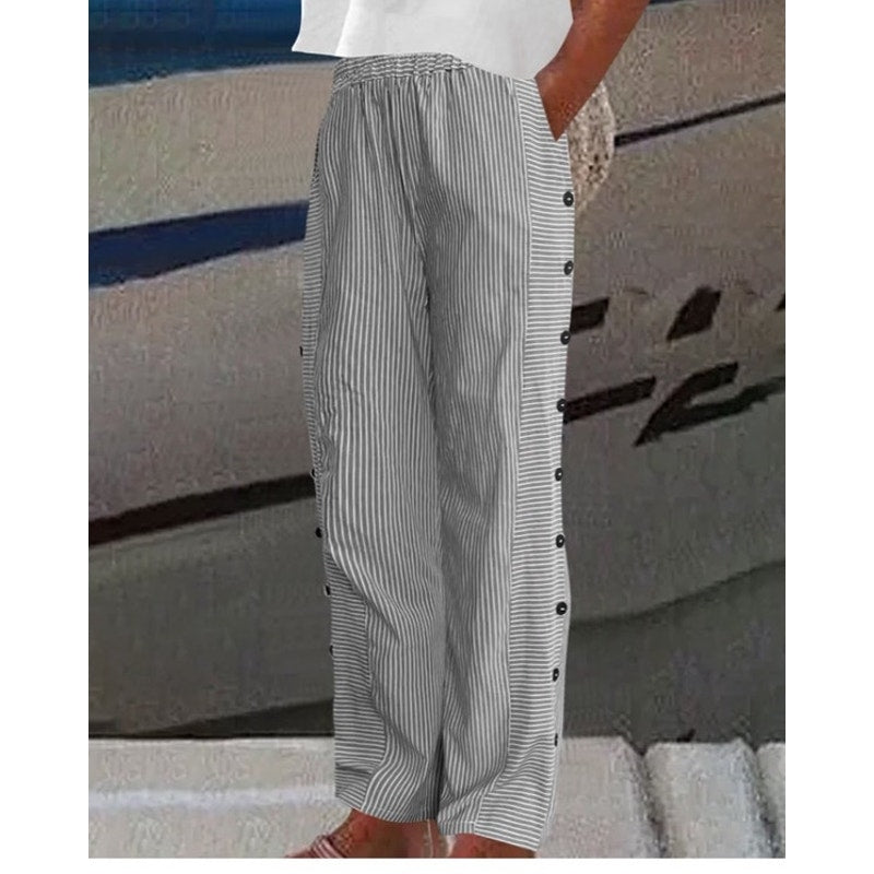 NWT ~ Women's Black Stripe Wide Leg Casual Loose Pockets Pants Trousers ~ LARGE