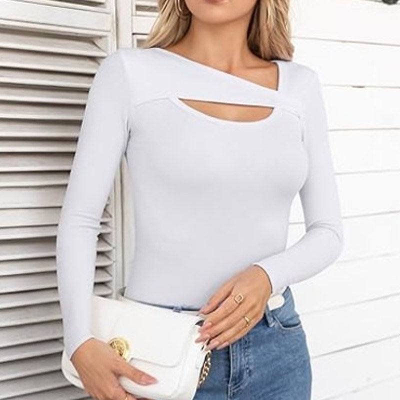 NWT ~ Women's Sexy White Ribbed Slim Fit Keyhole Front Long Sleeve Top ~ LARGE
