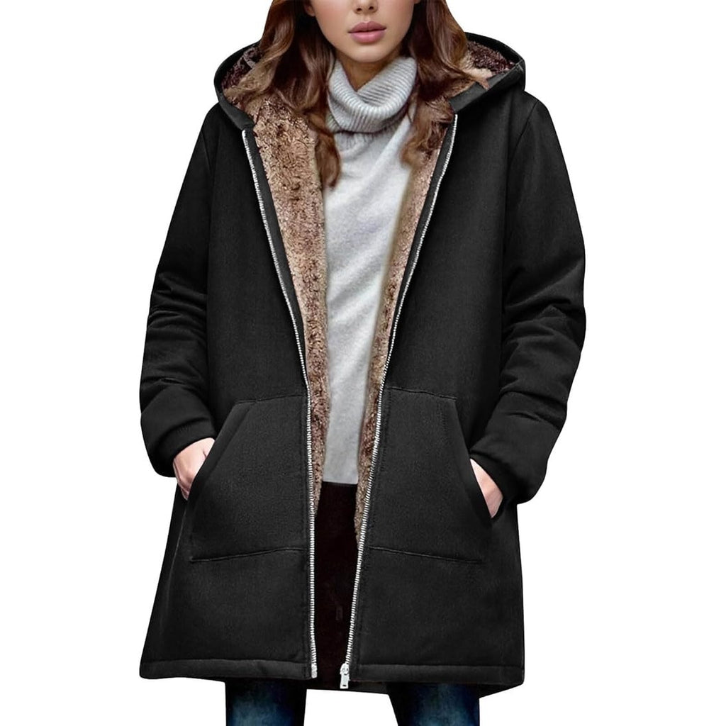 NWT ~ Long Black Thick Hoodie Style Coat Sherpa Fur Lined Jacket ~ Women's XL