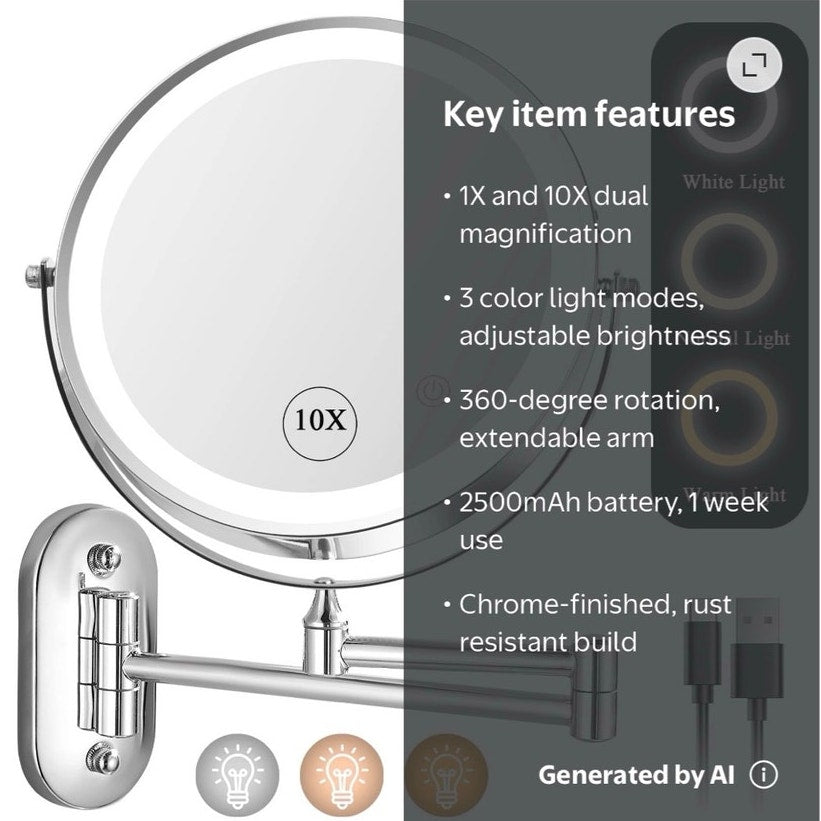BRAND NEW ~ Chrome Finish 8" Double Sided 3 Colors Lighted Adjustable Mirror