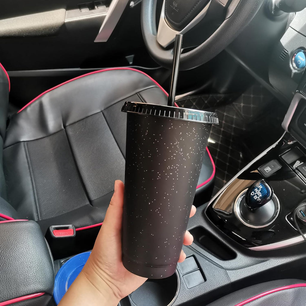 BRAND NEW ~ Set/5 ~ 24oz Black Glitter Reusable Plastic Tumbler Cup Straw & Lid