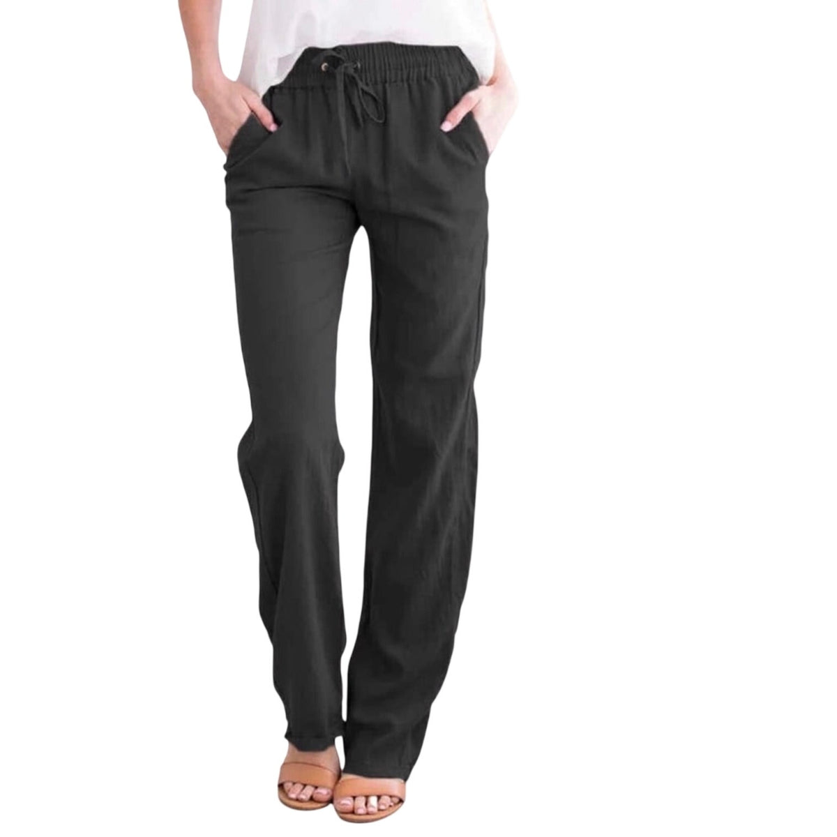 NWT ~ Women's Black Cotton Casual Straight Leg Drawstring High Waist Pants ~ M