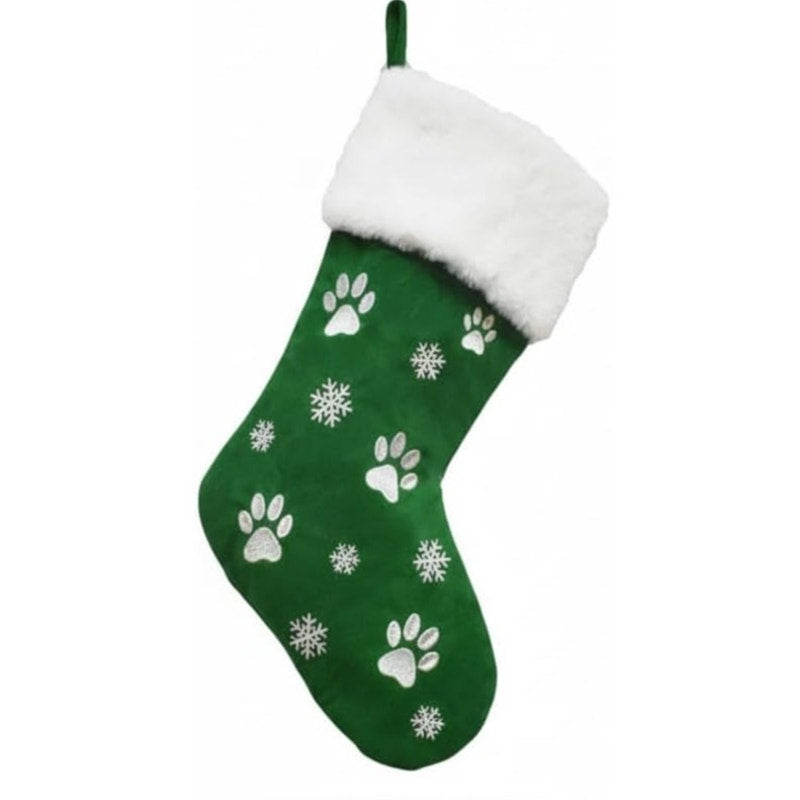 BRAND NEW ~ Thick Green Dog Cat Paw Print White Fur Top Christmas Stocking ~ 18"