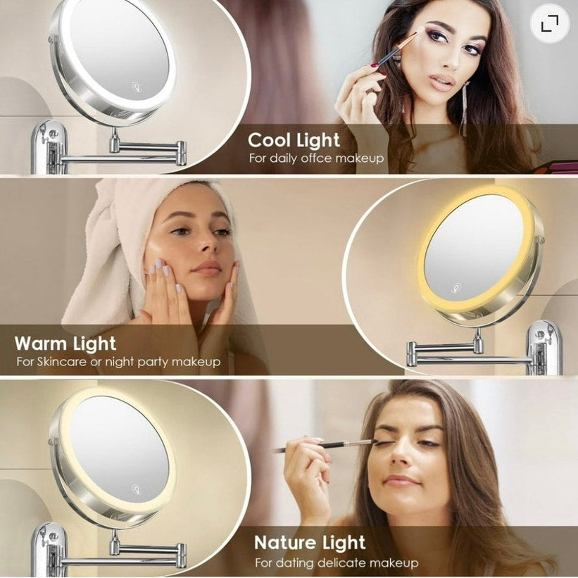 BRAND NEW ~ Chrome Finish 8" Double Sided 3 Colors Lighted Adjustable Mirror