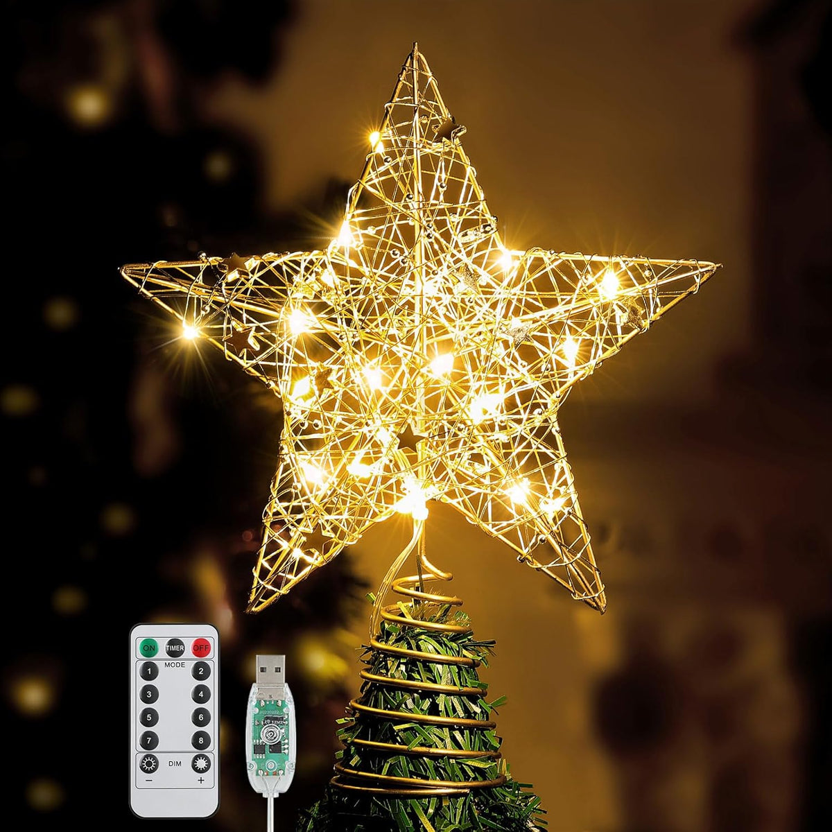 BRAND NEW ~ Lighted Christmas Star Tree Topper 8 Lighting Modes & Remote ~ 9.8"