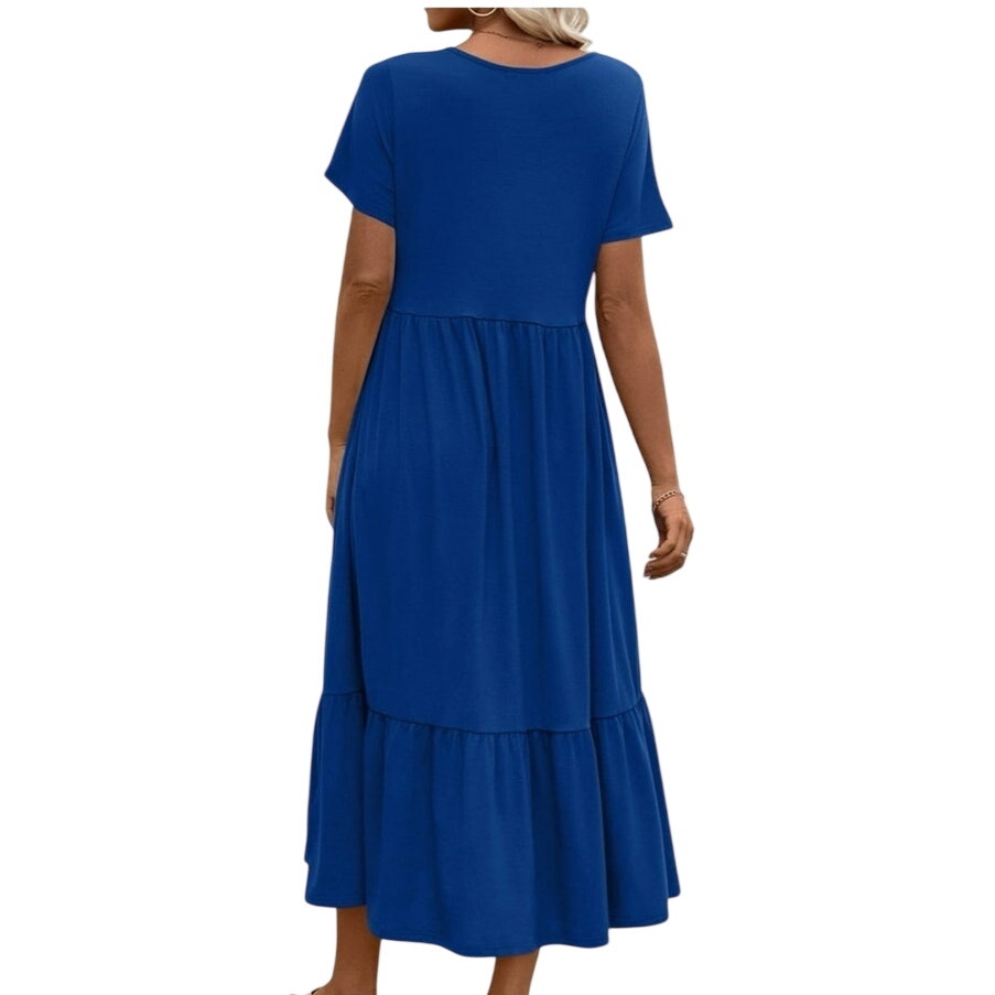 NWT ~ Blue Summer Short Sleeve Casual Crewneck Long Maxi Dress with Pockets ~ SM