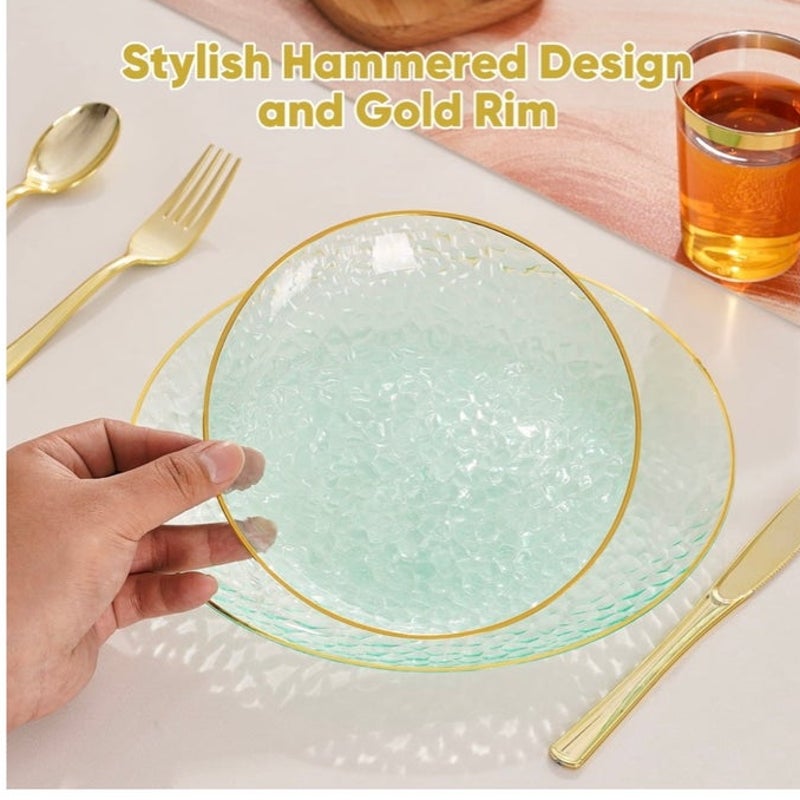BRAND NEW ~ Set/197 Clear Green Hammered Plastic Plates with Gold Rim ~ 7" & 10"