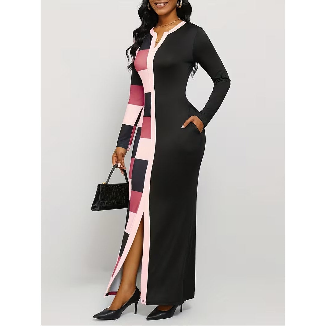 NWT ~ Long Black & Pink Sexy Colorblock Bodycon Pockets Maxi Dress Women's XL