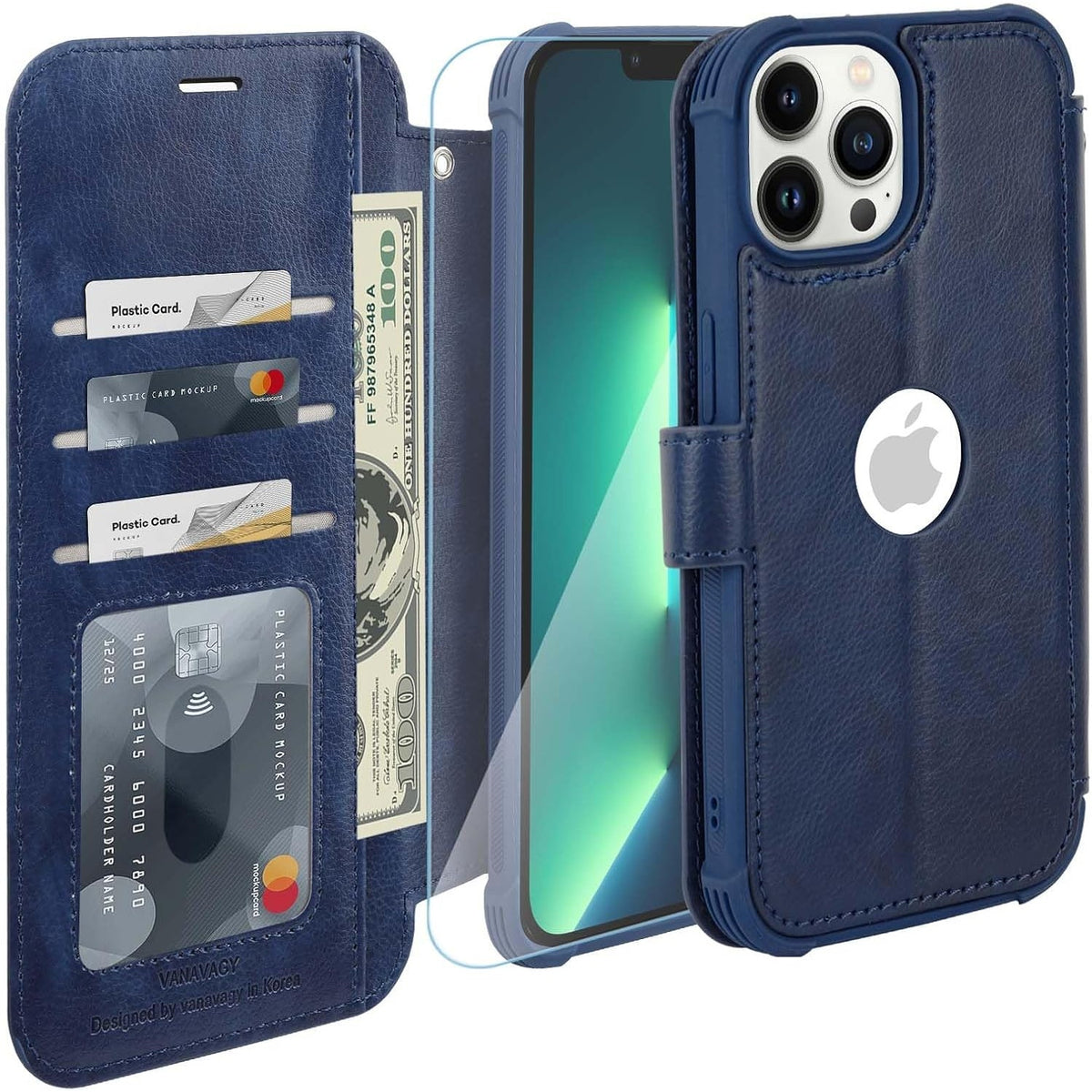 NWT ~ Dark Blue iPhone 13 Pro Wallet & Wrist Strap Card Holder Cellphone Case