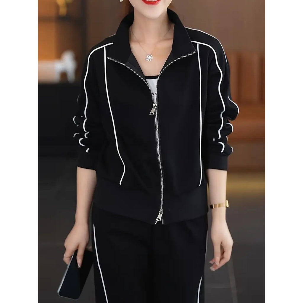 NWT ~ 2 Piece Black Casual Track Suit Sweatsuit White Trim Activewear ~ Size 2