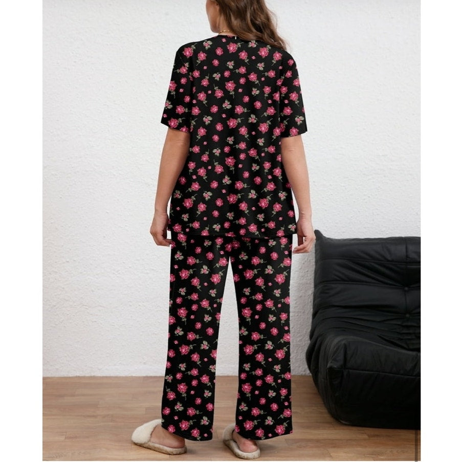 NWT ~ Women's 2pc Black Floral Pink Roses Pajamas Loungewear Set ~ Plus Size 4X