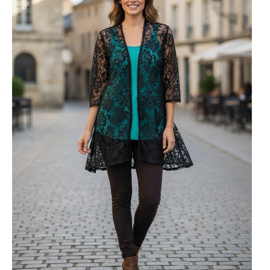 NWT ~ Women's 3 Piece Set ~ Teal Cami Black Lace Cardigan & Pants ~ Plus Size 3X