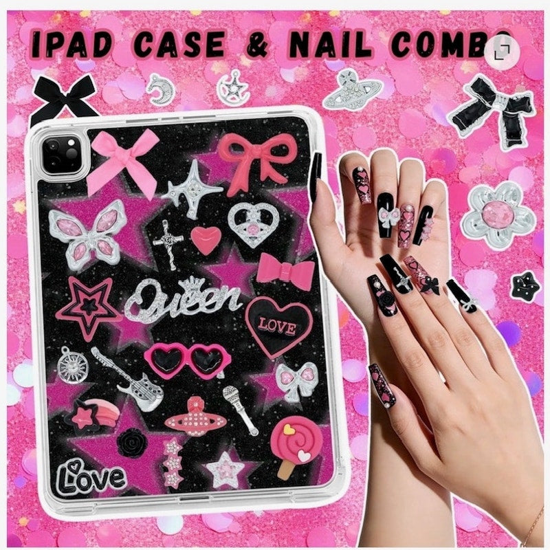 BRAND NEW ~ Pink Black Silver Nails & Phone Case Charms DIY Personalization Kit