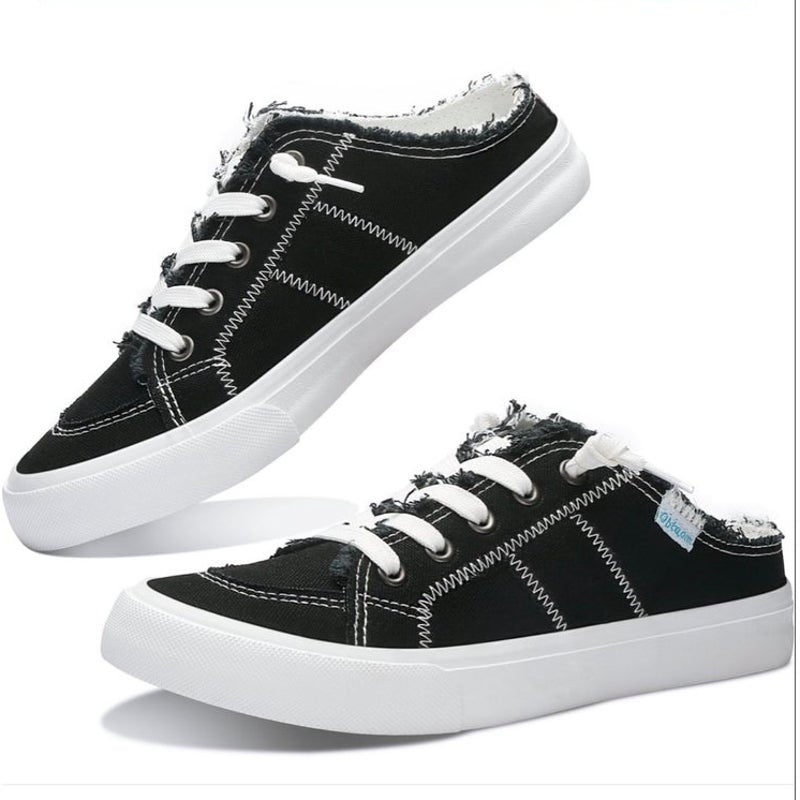 BRAND NEW ~ Black & White Canvas Memory Foam Mules Slip-On Backless Shoes ~ 9