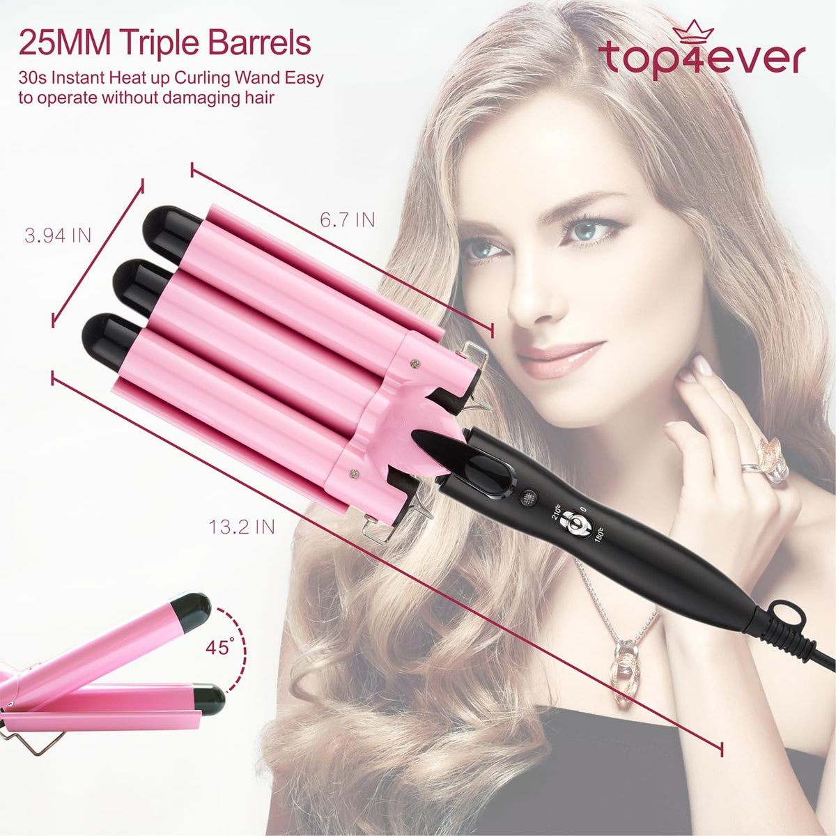 BRAND NEW ~ Pink 3 Barrel 1" Crimper Hair Curling Iron Tool Waver 2 Temp Setting