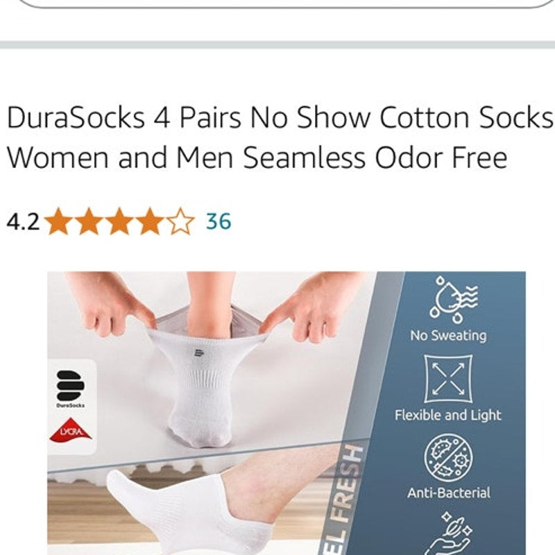 NWT ~ 4 Pairs Seamless Odor Free DuraSocks No Show Cotton Socks ~ Unisex