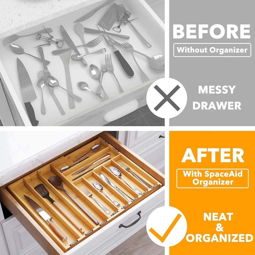 BRAND NEW ~ Expandable 10 Slots Bamboo Silverware Drawer Organizer & Labels
