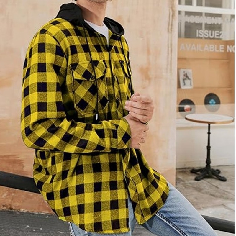 NWT ~ Men's Yellow & Black Cotton Flannel Long Sleeve Hoodie Button Shirt ~ 2XL