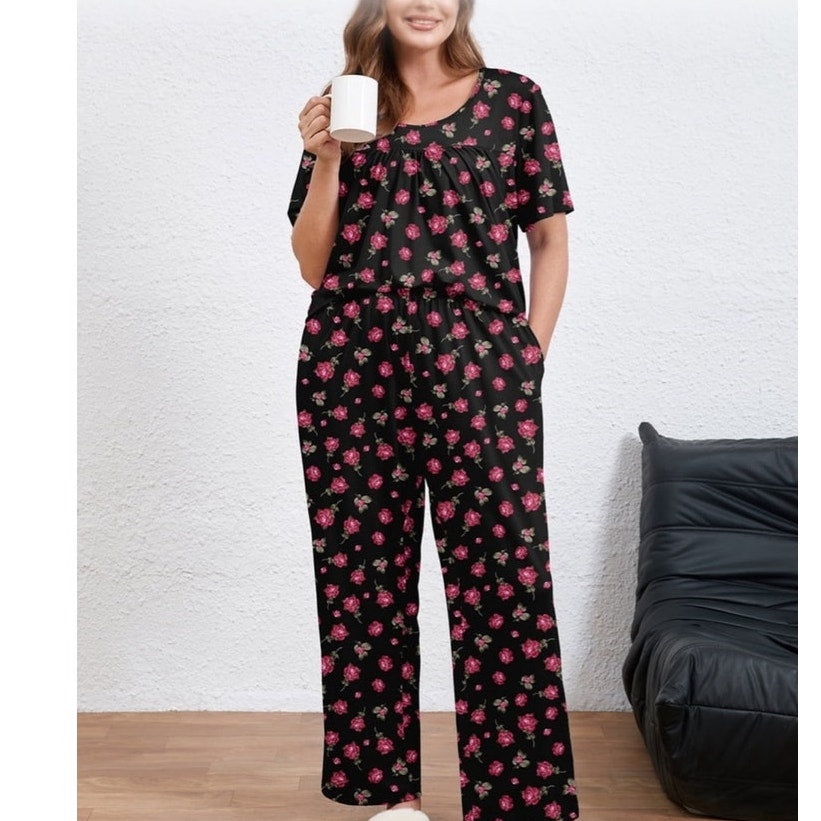 NWT ~ Women's 2pc Black Floral Pink Roses Pajamas Loungewear Set ~ Plus Size 4X