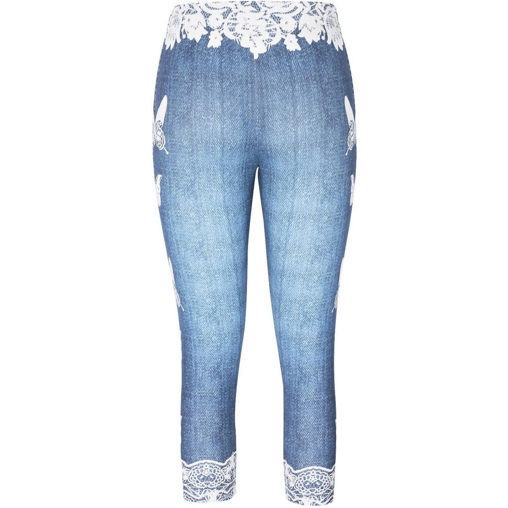 NWT ~ Women's Denim Look Blue & White Butterfly Capri Leggings ~ Size XL