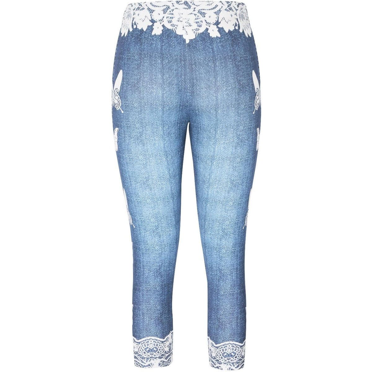 NWT ~ Women's Denim Look Blue & White Butterfly Capri Leggings ~ Size XL