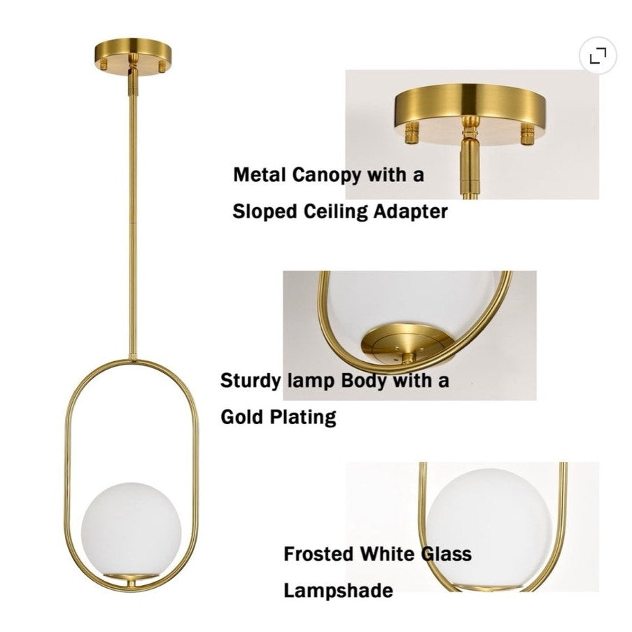 BRAND NEW ~ MCM Modern Gold Pendant Light Fixture 5.9" Globe Opal Glass Shade