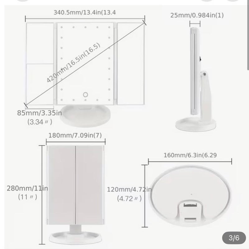 BRAND NEW ~ LED Vanity Mirror Foldable with Three Panels Magnification USB Power