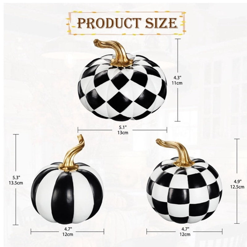 BRAND NEW ~ Set/3 Halloween Black & White Resin Pumpkins Gold Autumn Stems