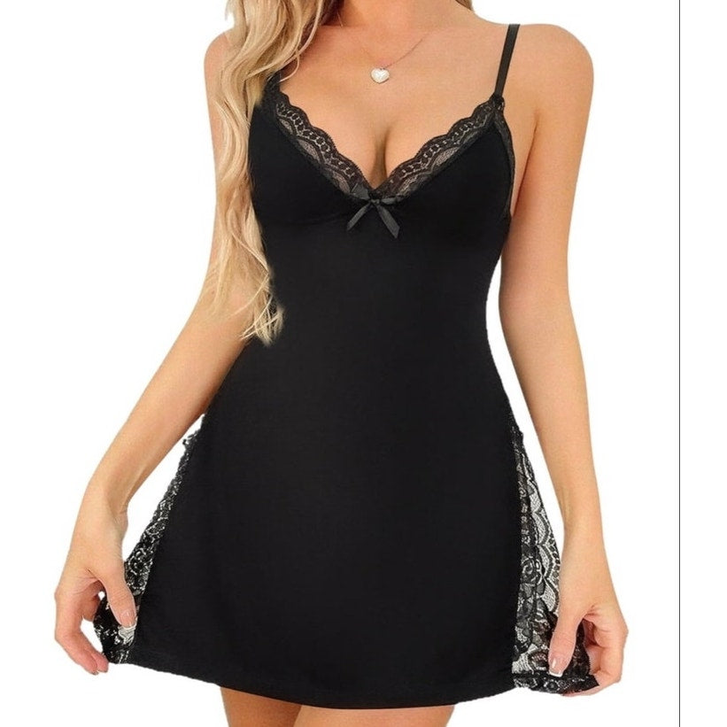 NWT ~ Black Lace V-Neck Spaghetti Strap Babydoll Nighty & Thong ~ Plus Size XXL