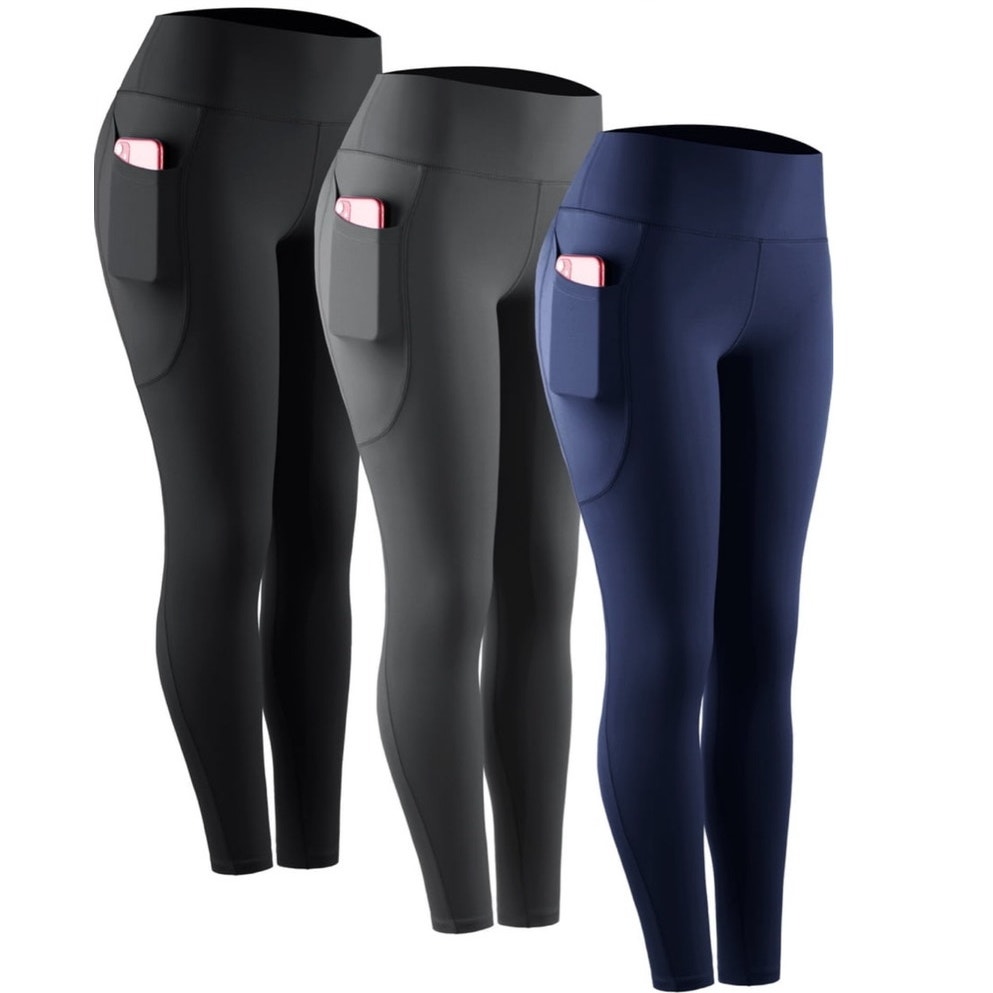 NWT ~ 3 Pairs Compression Workout Leggings High Waist Tummy Control Pockets ~ S